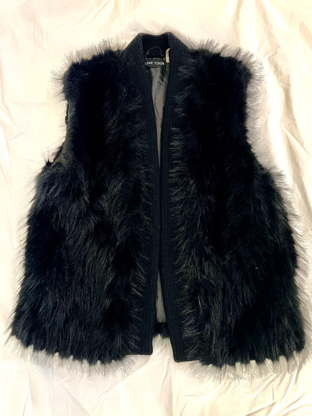 Love Token Black Faux Fur Open Front Vest XS